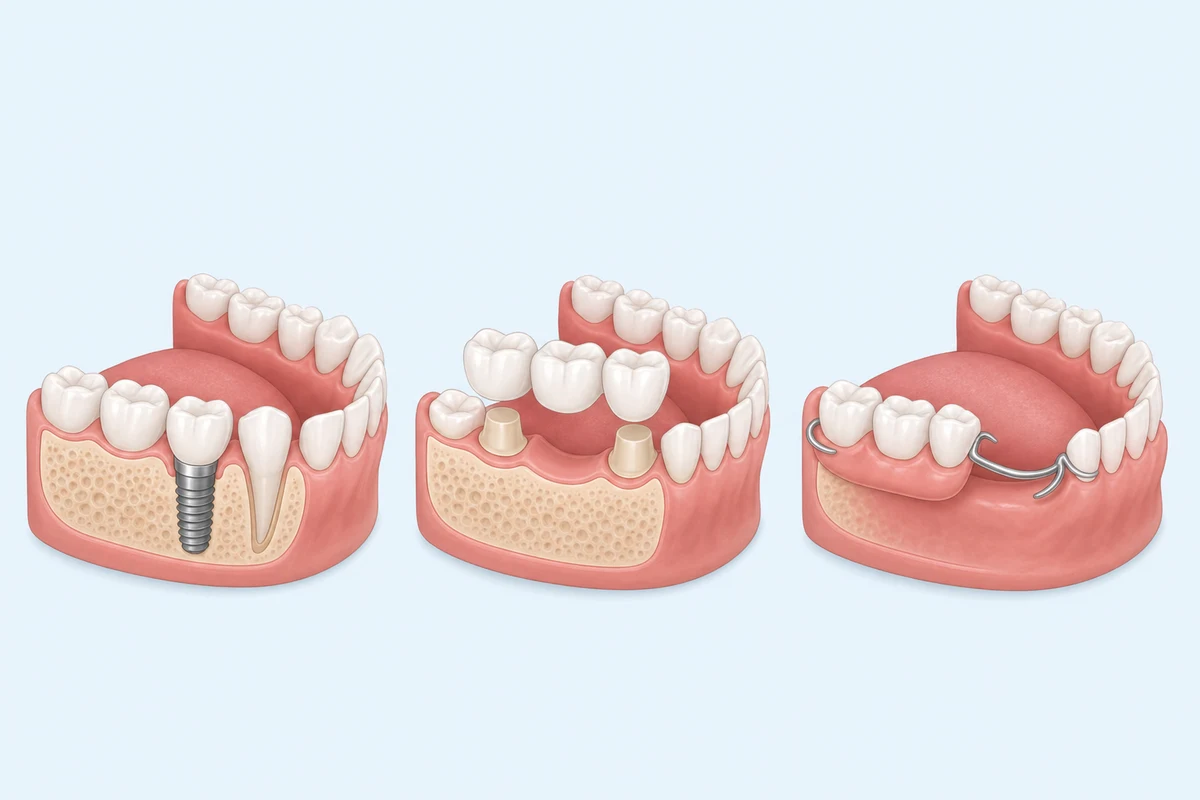 A dental implant compared with a bridge and a denture