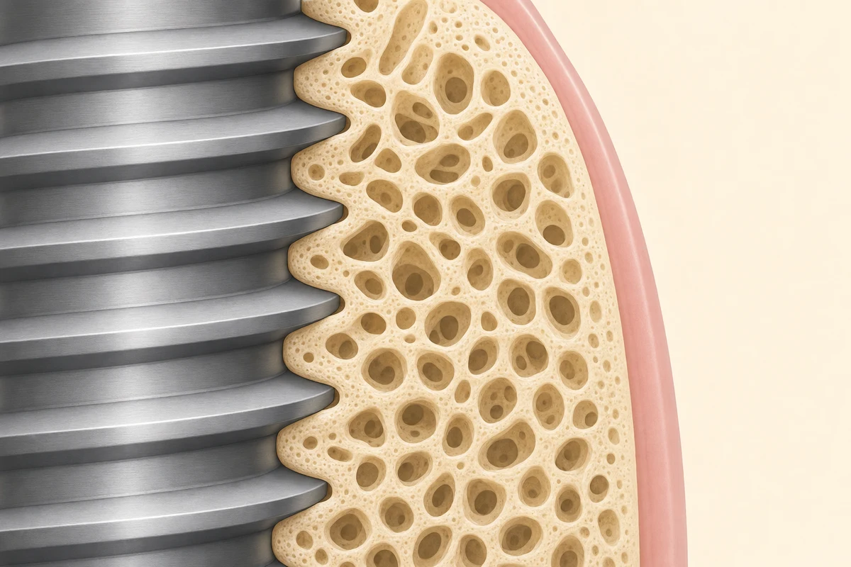 Bone fusing with the titanium implant surface during osseointegration