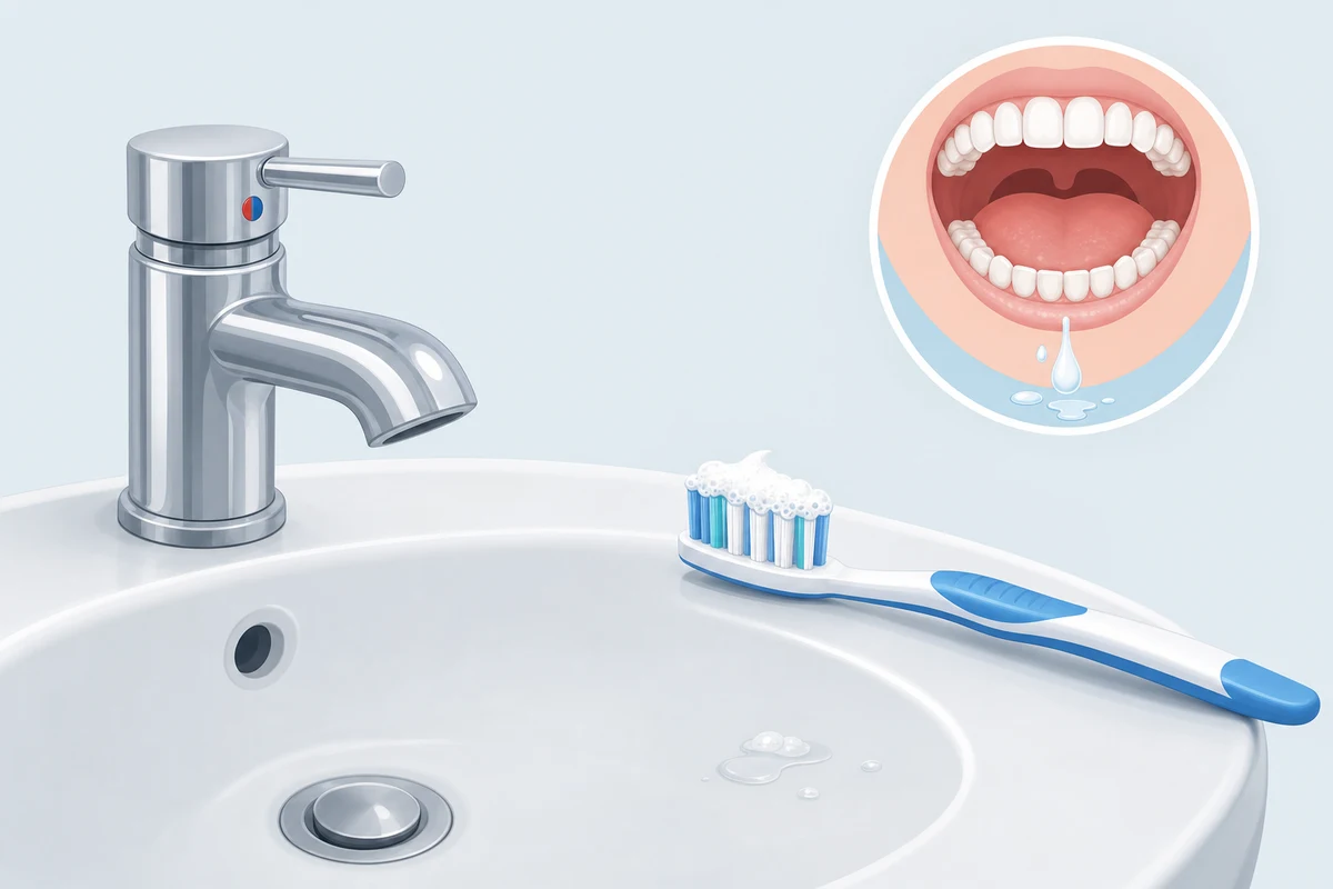 Spit out toothpaste but do not rinse with water