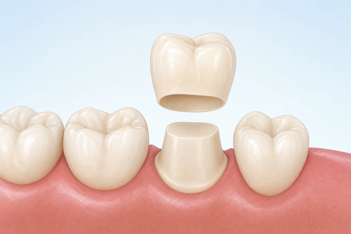Dental crown being placed over a root canal treated molar