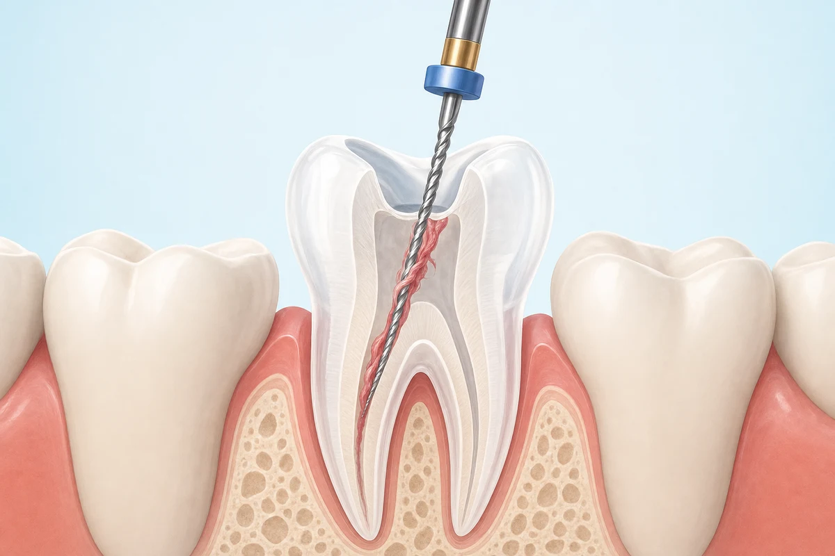 Endodontic file removing inflamed pulp tissue from a root canal