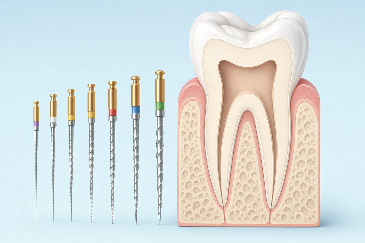 Series of progressively larger endodontic files beside a shaped root canal