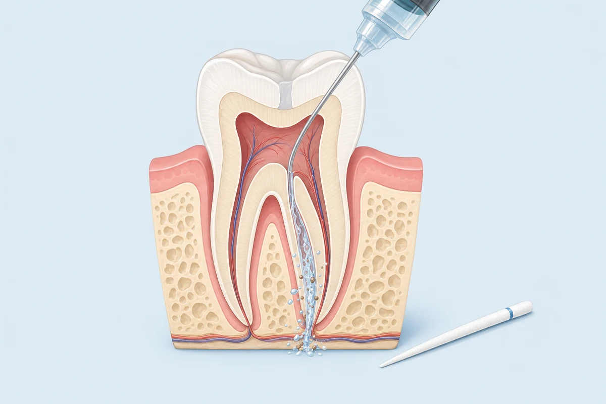 Irrigation syringe flushing antiseptic solution through a root canal