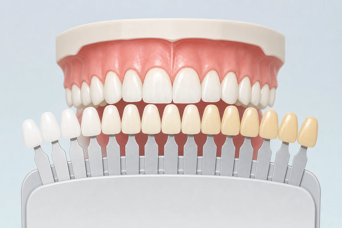 Dental shade guide held against upper front teeth for colour matching