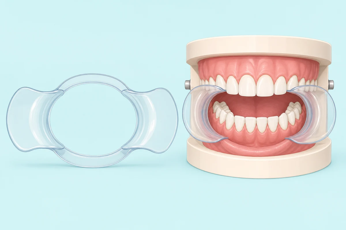 Plastic cheek retractor holding lips away from teeth during whitening