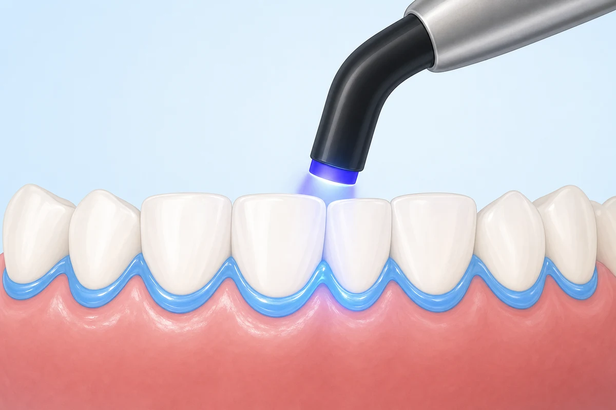 Light cured gum barrier resin applied along the gumline before whitening