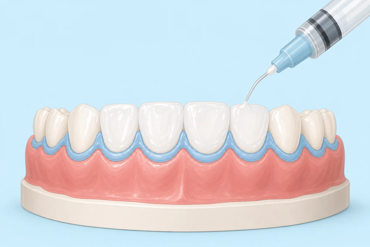 Hydrogen peroxide whitening gel applied evenly across front tooth surfaces
