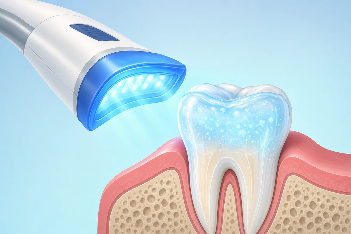 LED whitening light activating peroxide gel on teeth during treatment