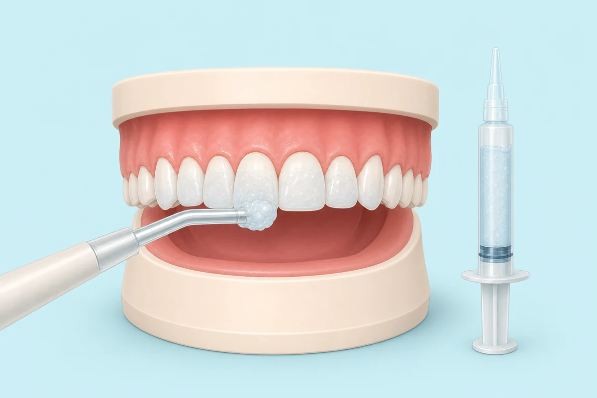 Dental suction tip removing spent whitening gel before fresh application
