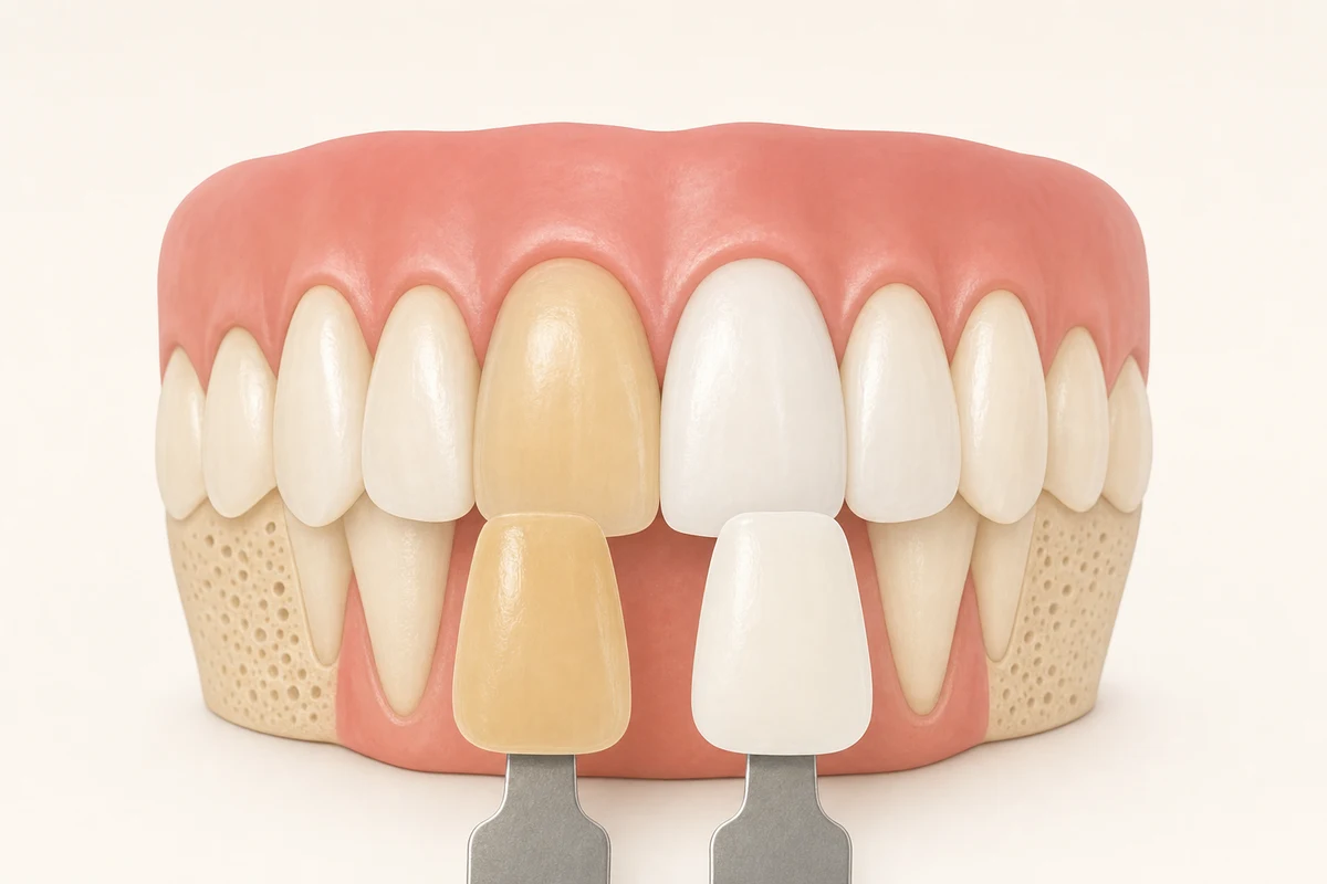 Before and after shade guide comparison showing teeth whitening improvement